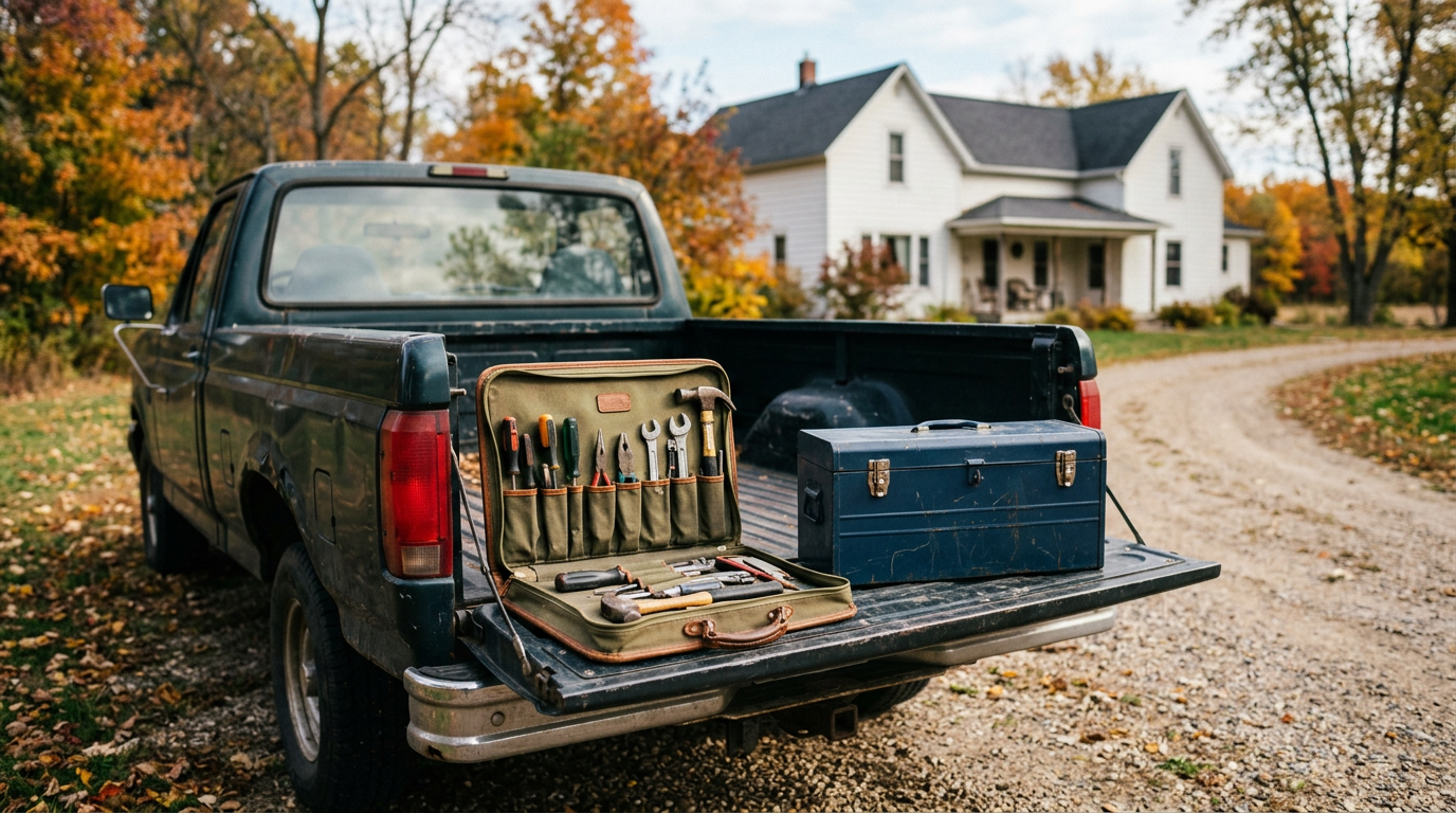 Open portable tool case and steel toolbox on the tailgate of an unbranded pickup at a rural Minnesota home