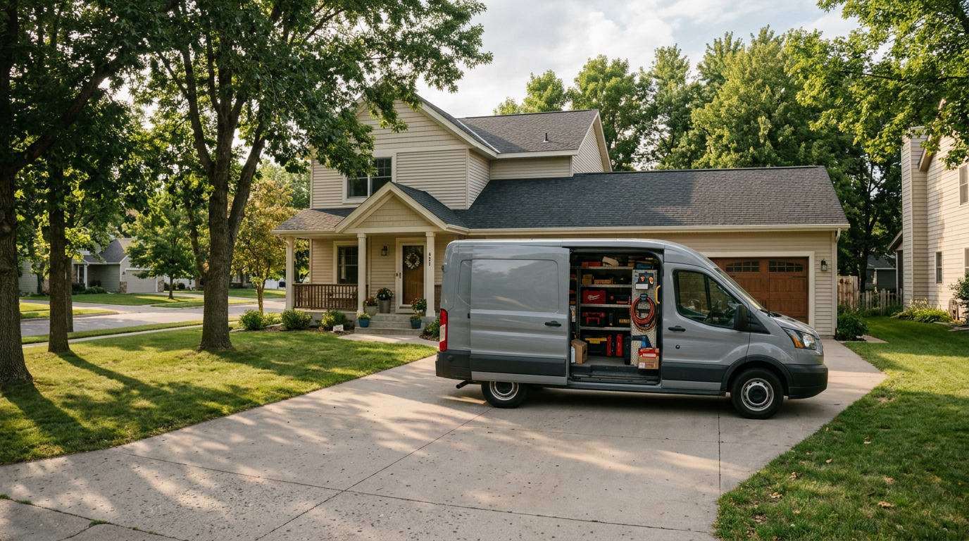 Unbranded grey work van parked in a residential driveway with its side door open showing organized repair equipment