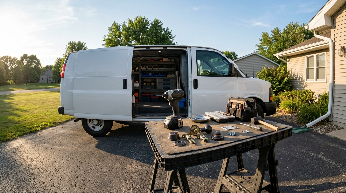 Mobile repair workspace with a cordless impact driver beside an open unbranded service van in a residential driveway