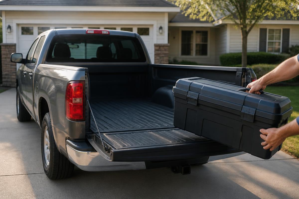 Toolbox being lifted from the open tailgate of a plain pickup truck parked in a suburban driveway