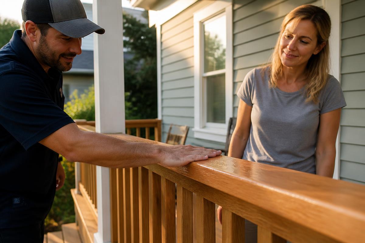 Repairman and homeowner inspecting a freshly refinished wooden porch railing together