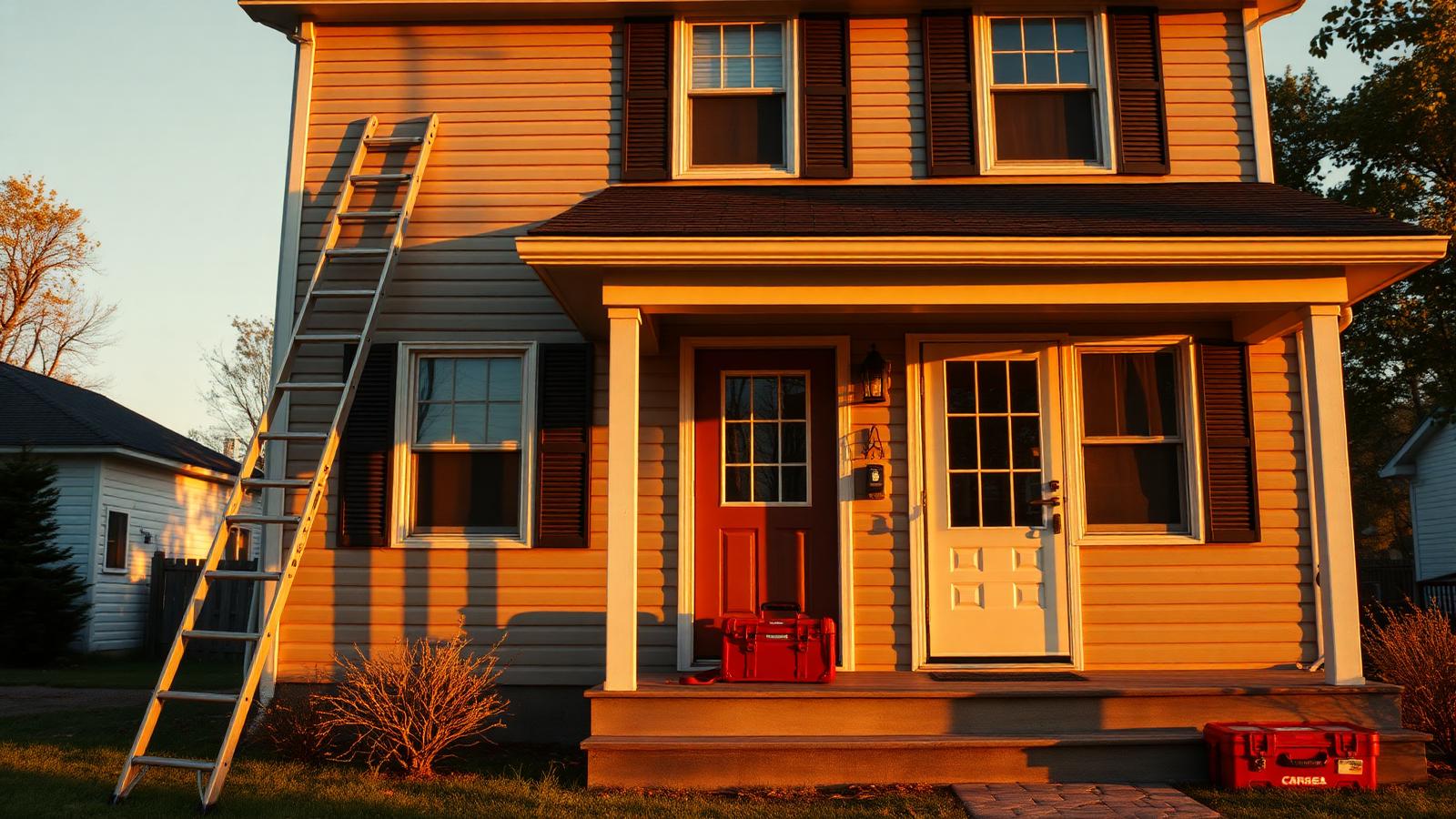 Midwest home exterior at golden hour with a ladder against the siding and a tool bag on the porch steps