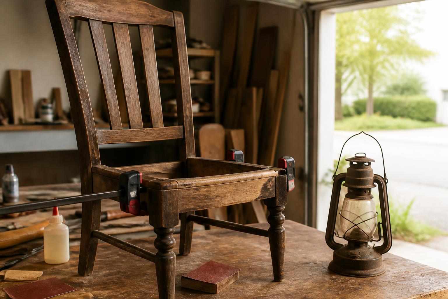 Gloved hands driving a screw with a cordless drill while reassembling a restored wooden cabinet on a garage workbench