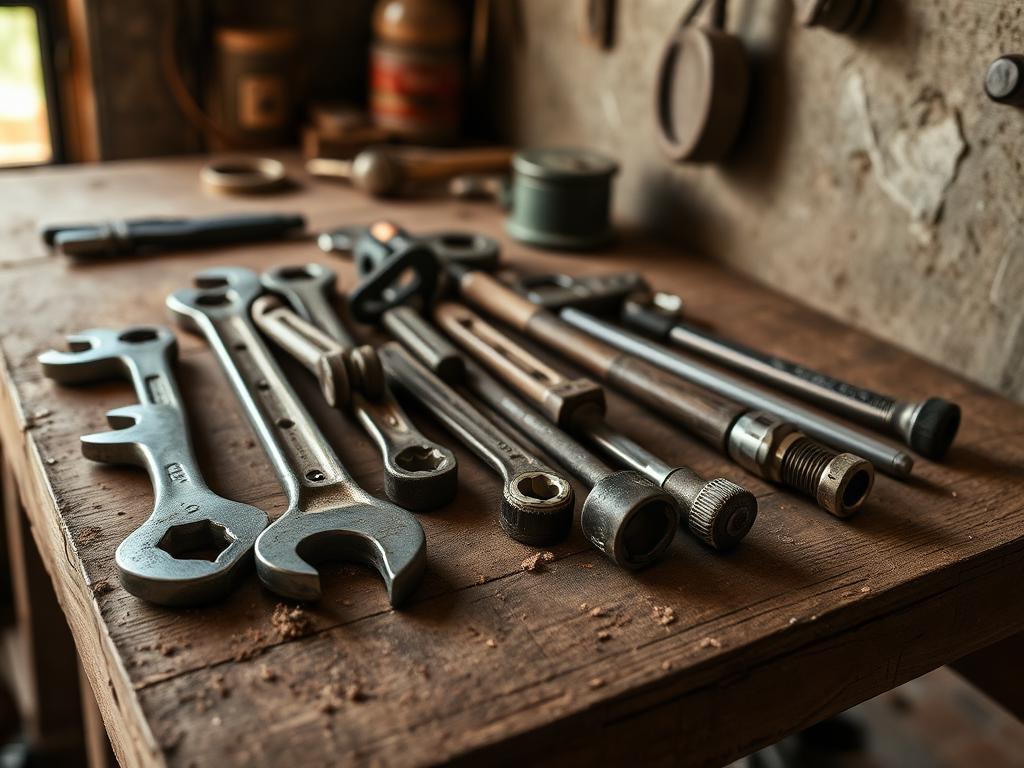 Well-used wrenches and hand tools hanging on a workshop tool wall