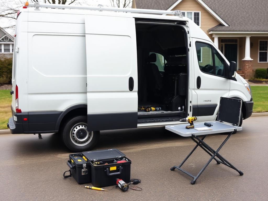 Open rear of a plain white work van with organized tool bins and a portable toolbox